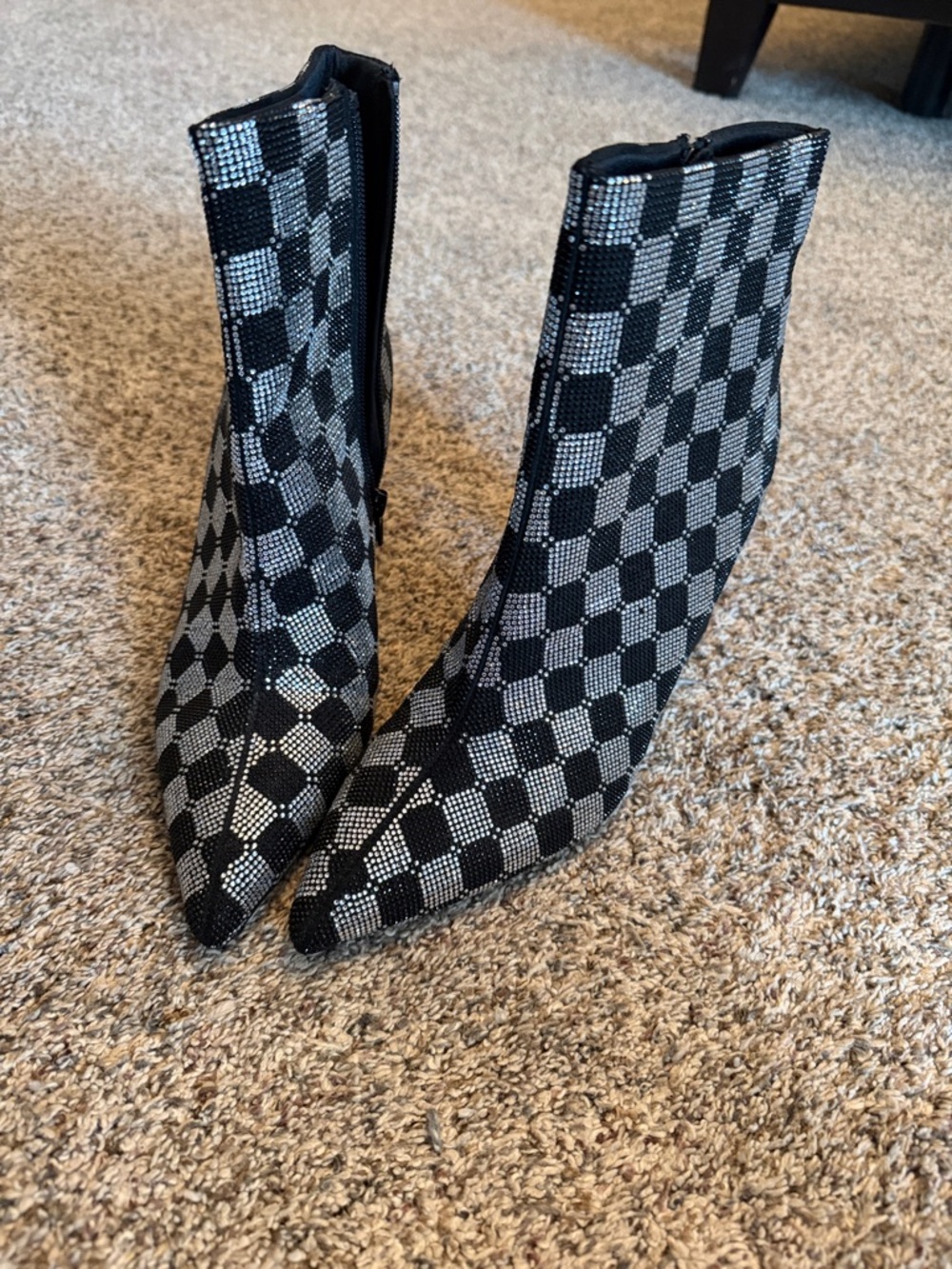 Wild Pair Black & Silver Checkered Pointed Ankle Booties